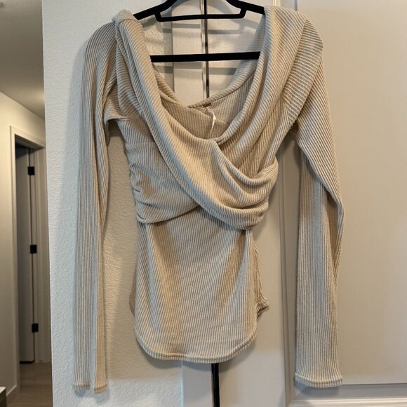 Free People Marley Off Shoulder Ribbed‎ Sweater In Oatmeal - Picture 2 of 5
